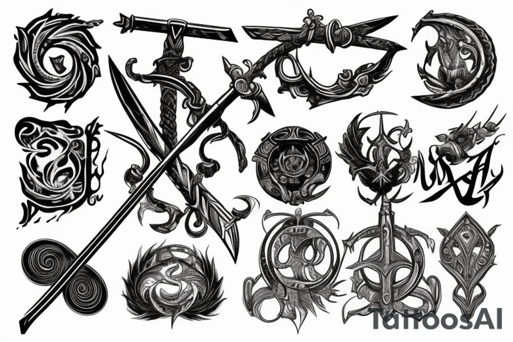 horizontal sword with words swirling around tattoo idea