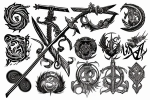 horizontal sword with words swirling around tattoo idea