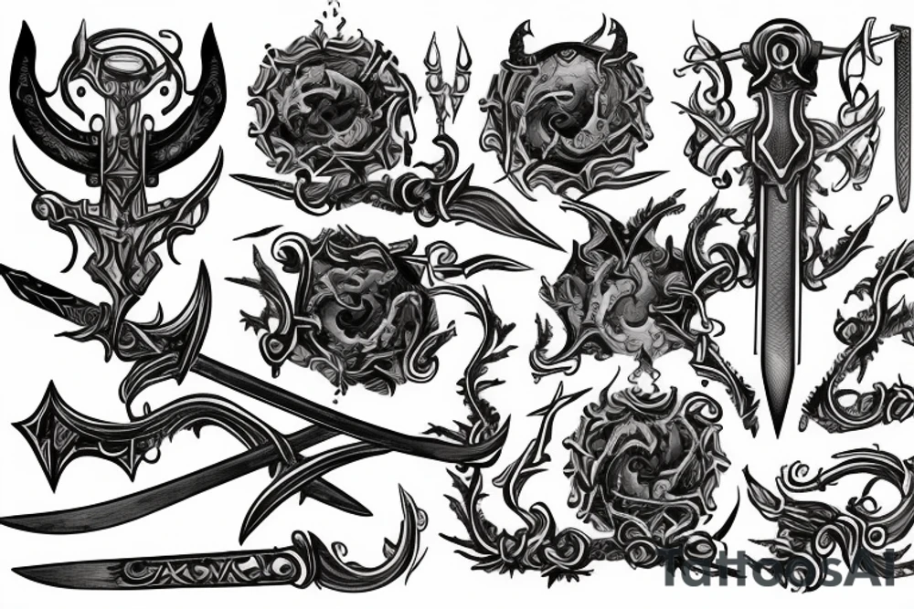 horizontal sword with words swirling around tattoo idea