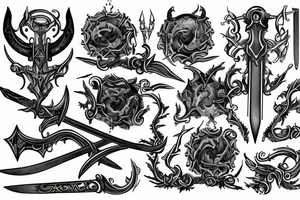 horizontal sword with words swirling around tattoo idea