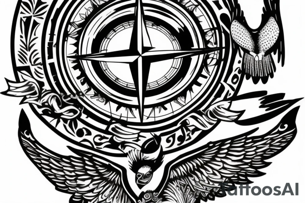 Compass with a hawk pointing north tattoo idea