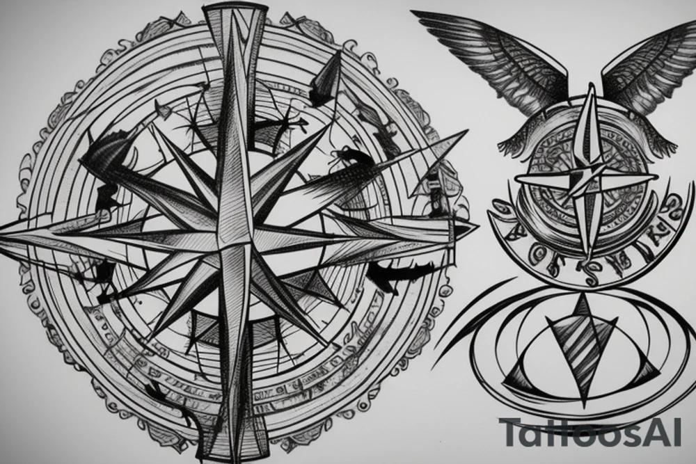 Compass with a hawk stretched out over North tattoo idea
