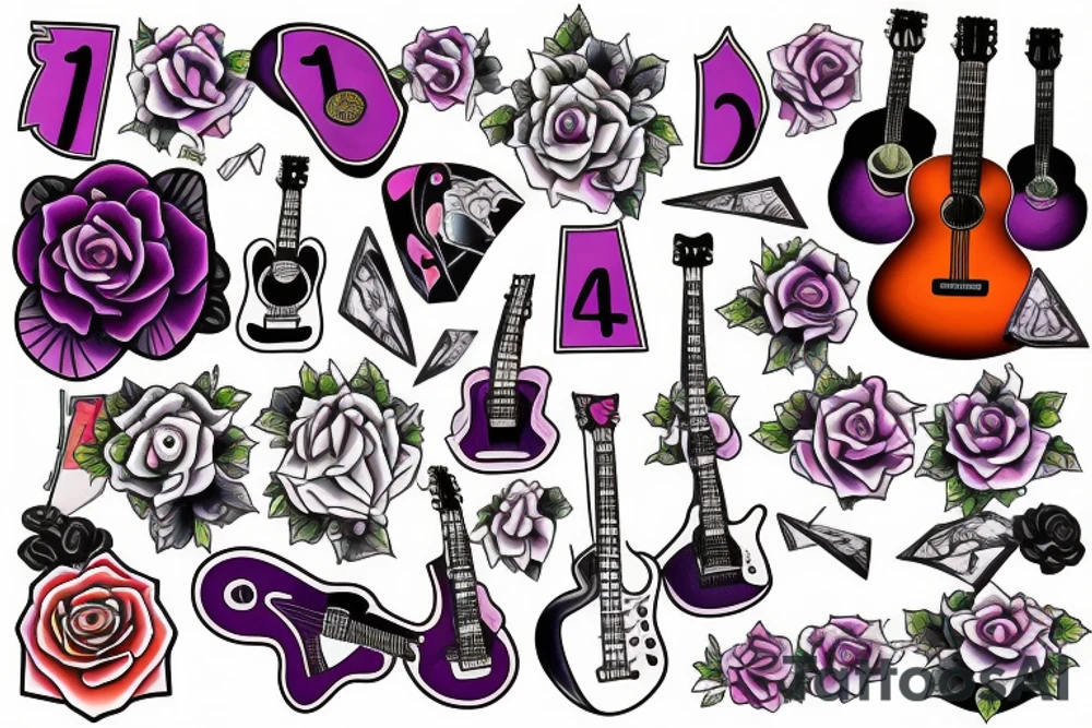 Collage of guitar, rose, the number 11, Amethyst gem, and comedy tattoo idea