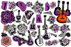 Collage of guitar, rose, the number 11, Amethyst gem, and comedy tattoo idea