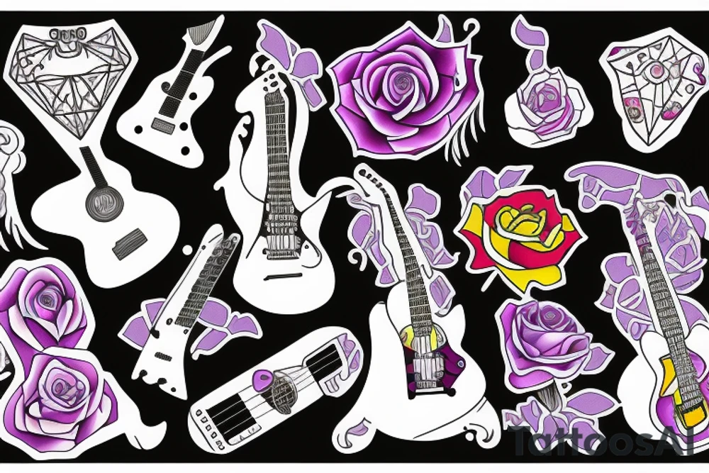 Collage of guitar, rose, the number 11, Amethyst gem, and comedy tattoo idea