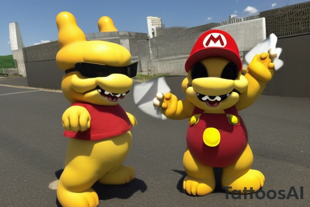 Bowser from super Mario bros 2, and he's got sunglasses on and he's like winking, but he's also riding a surfboard and waves are coming up. He's also got one of those guitars with 2 necks, like a double neck guitar and notes are coming out, so he's like wailing and waves are coming up. All that is on a pot leaf and all that's on a cross and above all that it should say, "Happy Birthday Rick" tattoo idea