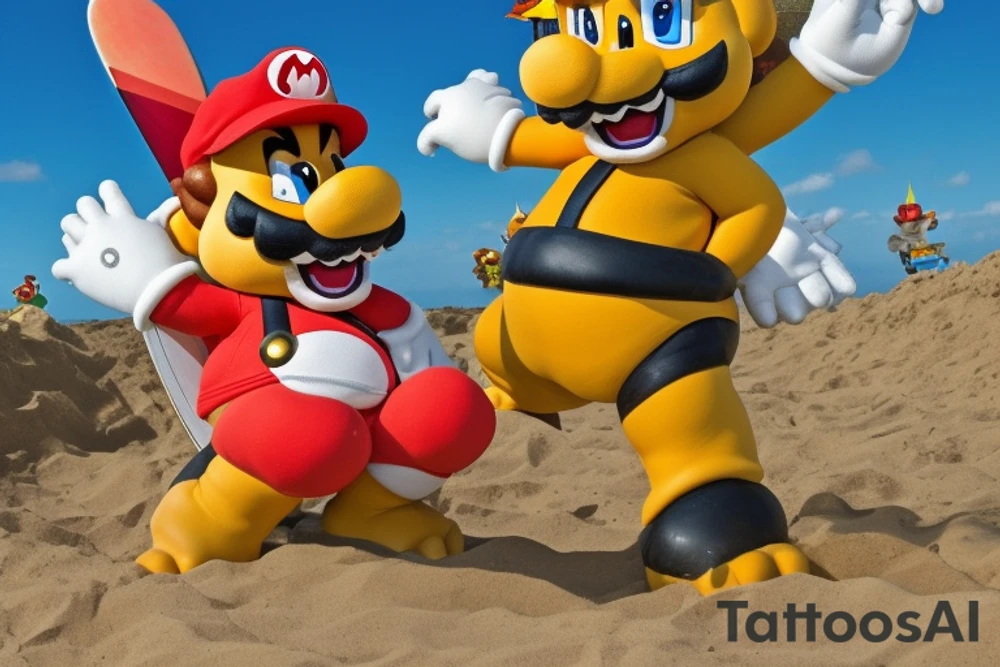 Bowser from super Mario bros 2, and he's got sunglasses on and he's like winking, but he's also riding a surfboard and waves are coming up. He's also got one of those guitars with 2 necks, like a double neck guitar and notes are coming out, so he's like wailing and waves are coming up. All that is on a pot leaf and all that's on a cross and above all that it should say, "Happy Birthday Rick" tattoo idea