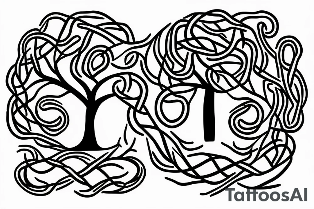 Tree whos branches make the shape of a head on the right and the left sides branches are turning into snakes tattoo idea