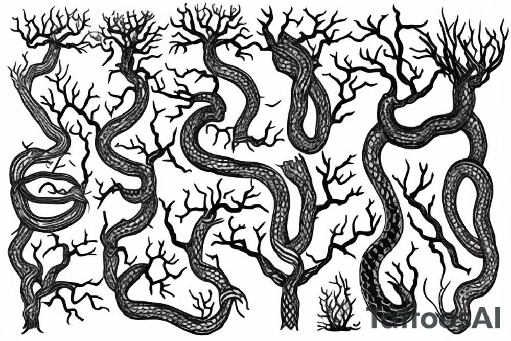 Tree whos branches make the shape of a head on the right and the left sides branches are turning into snakes tattoo idea