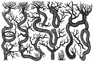 Tree whos branches make the shape of a head on the right and the left sides branches are turning into snakes tattoo idea