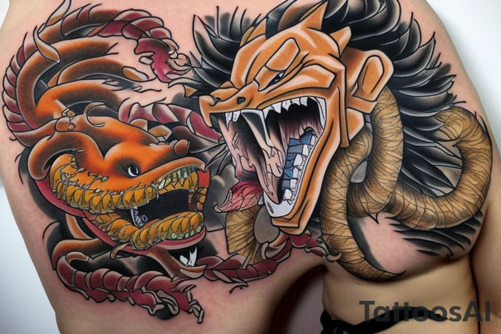 Shenron fighting with a lion tattoo idea