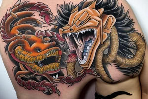 Shenron fighting with a lion tattoo idea