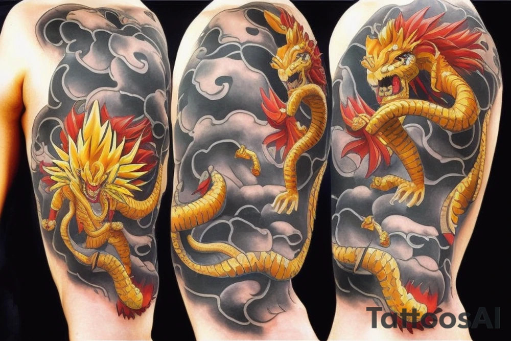 Shenron fighting with a lion tattoo idea