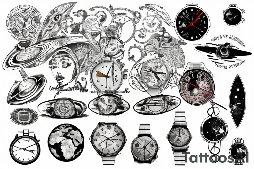 long design with a watch showing 12:02 as the time, with planet Earth and some surrealistic shading in the background tattoo idea