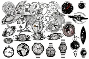 long design with a watch showing 12:02 as the time, with planet Earth and some surrealistic shading in the background tattoo idea