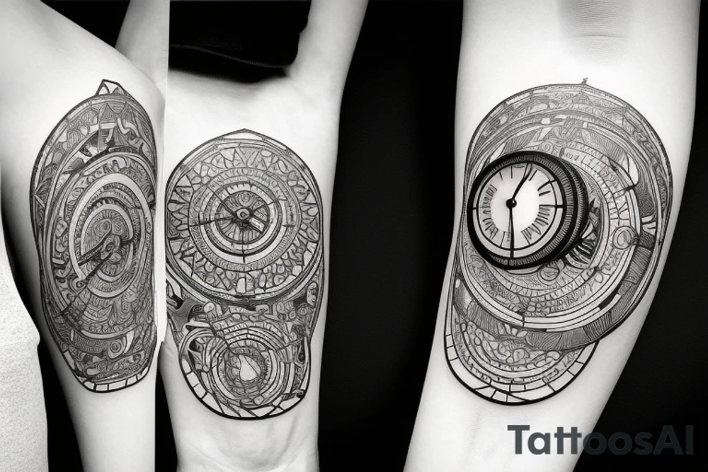 long design with a watch showing 12:02 as the time, with planet Earth and some surrealistic shading in the background tattoo idea