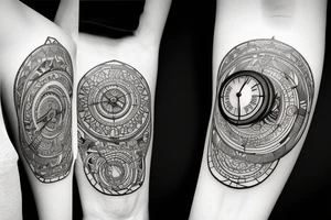 long design with a watch showing 12:02 as the time, with planet Earth and some surrealistic shading in the background tattoo idea