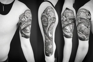 Long design with an antic pocket watch showing 12:02 as the time, with planet Earth and some surrealistic shading in the background. Add some animal shapes that resemble sea lions and rodents. tattoo idea