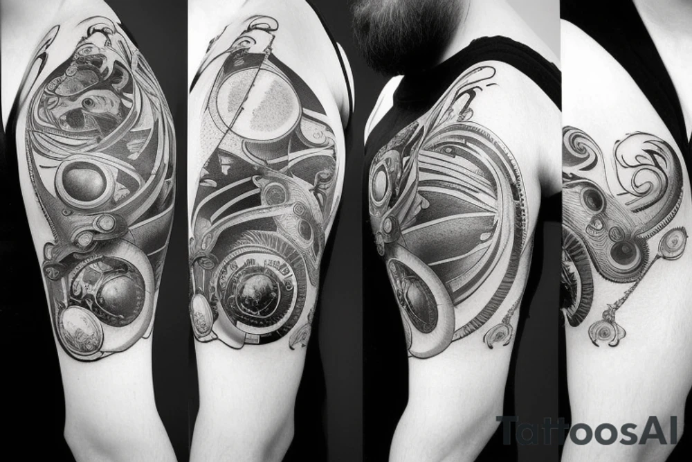Long design with an antic pocket watch showing 12:02 as the time, with planet Earth and some surrealistic shading in the background. Add some animal shapes that resemble sea lions and rodents. tattoo idea
