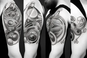Long design with an antic pocket watch showing 12:02 as the time, with planet Earth and some surrealistic shading in the background. Add some animal shapes that resemble sea lions and rodents. tattoo idea