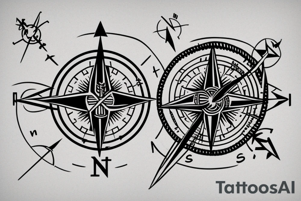Minimalistic, Compass in middle, arrow through the compass, 4 seasons shown on compass, rope around arrow tattoo idea