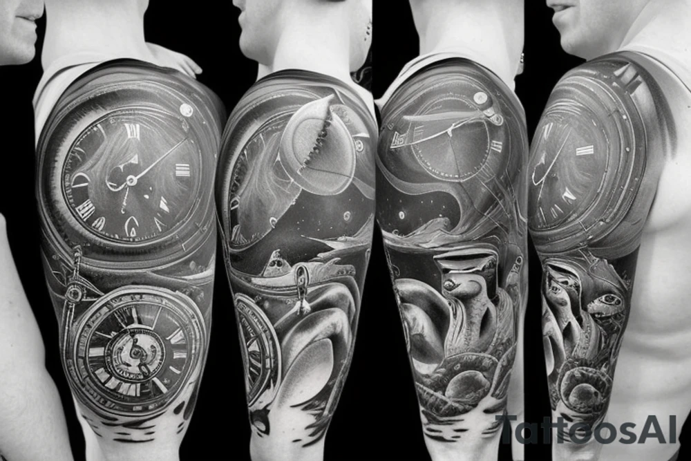Long design with an antic pocket watch showing 12:02 as the time, with planet Earth and some surrealistic shading in the background. Add some animal shapes that resemble sea lions and rodents. tattoo idea
