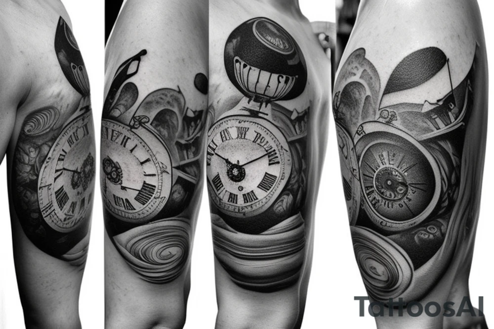 Long design with an antic pocket watch showing 12:02 as the time, with planet Earth and some surrealistic shading in the background. Add some animal shapes that resemble sea lions and rodents. tattoo idea