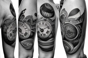Long design with an antic pocket watch showing 12:02 as the time, with planet Earth and some surrealistic shading in the background. Add some animal shapes that resemble sea lions and rodents. tattoo idea