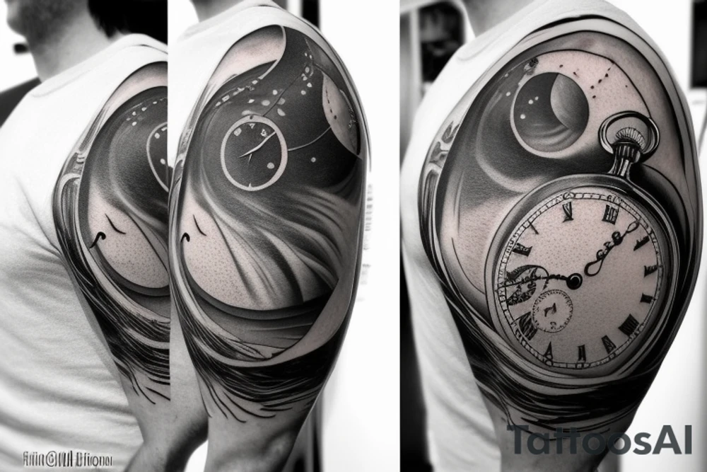 Long design with an antic pocket watch showing 12:02 as the time, with planet Earth and some surrealistic shading in the background. Add some animal shapes that resemble sea lions and rodents. tattoo idea