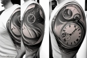 Long design with an antic pocket watch showing 12:02 as the time, with planet Earth and some surrealistic shading in the background. Add some animal shapes that resemble sea lions and rodents. tattoo idea