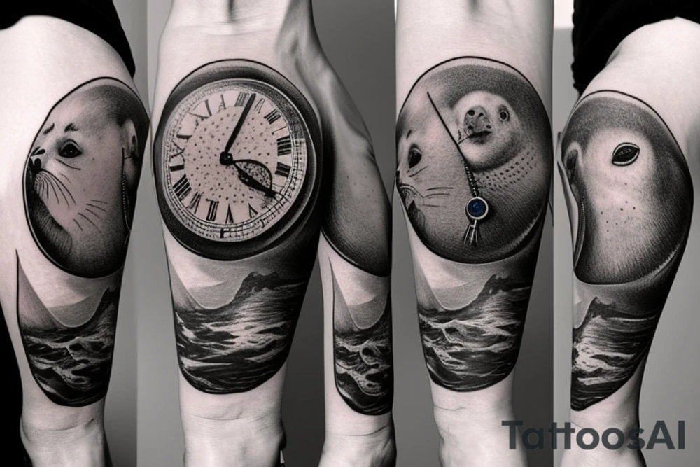 Long design with an antic pocket watch showing 12:02 as the time, with planet Earth and some surrealistic shading in the background. Add some animal shapes that resemble sea lions and rodents. tattoo idea