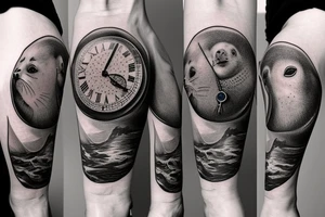 Long design with an antic pocket watch showing 12:02 as the time, with planet Earth and some surrealistic shading in the background. Add some animal shapes that resemble sea lions and rodents. tattoo idea