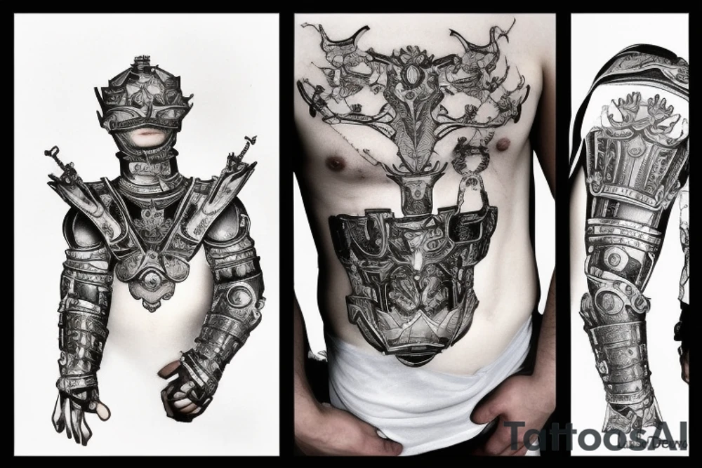 L'homme de Vitruve, le côté gauche, porte une armure de chevalier 
À droite il y a un côté cyborg tattoo idea
