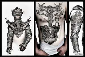 L'homme de Vitruve, le côté gauche, porte une armure de chevalier 
À droite il y a un côté cyborg tattoo idea