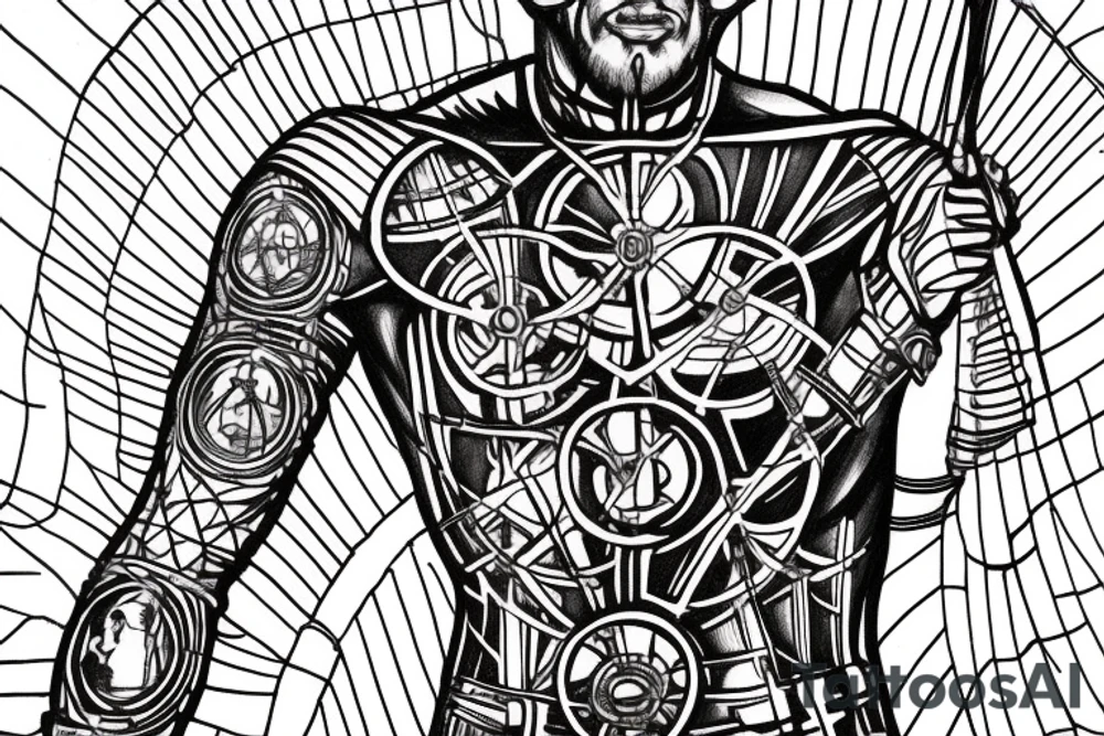 The Vitruvian man, his left side, is wearing a knight's armor
On the right, he wears futuristic clothes tattoo idea