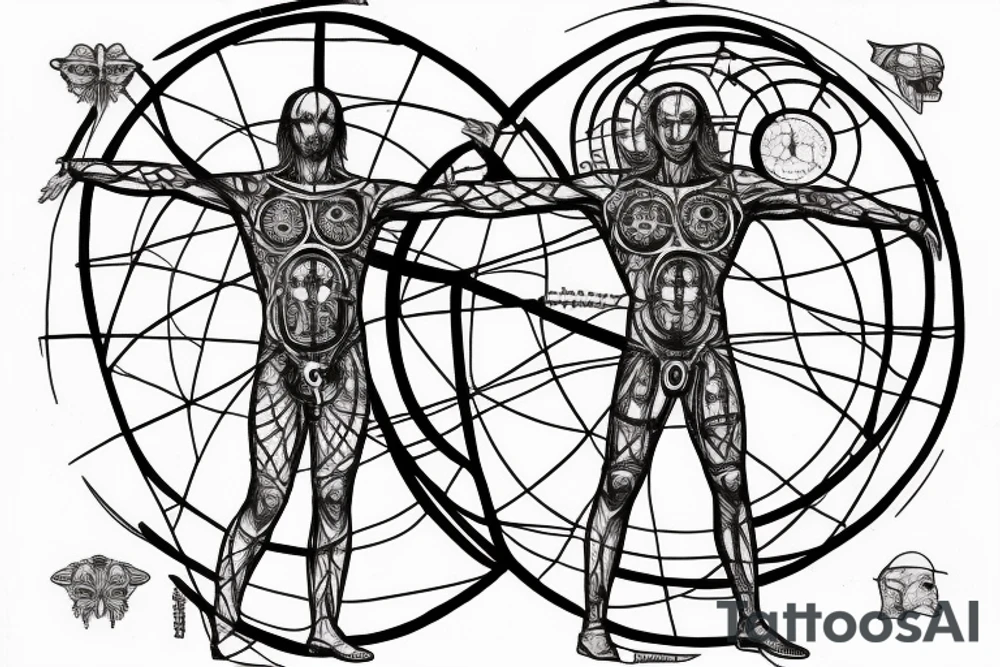 The Vitruvian man, his left side, is wearing a knight's armor
On the right, he wears futuristic clothes tattoo idea