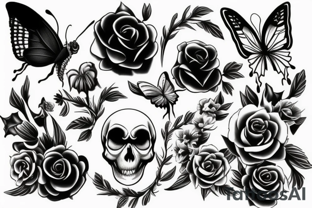a skull with crown, a black rose and a butterfly wing tattoo idea
