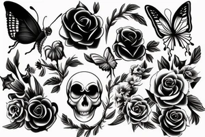 a skull with crown, a black rose and a butterfly wing tattoo idea