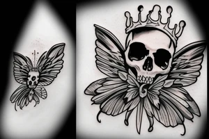 a skull with crown, a black rose and a butterfly wing tattoo idea