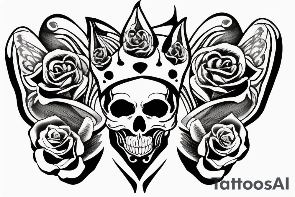 a skull with a crown, a rose and a butterfly wing tattoo idea