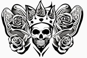 a skull with a crown, a rose and a butterfly wing tattoo idea
