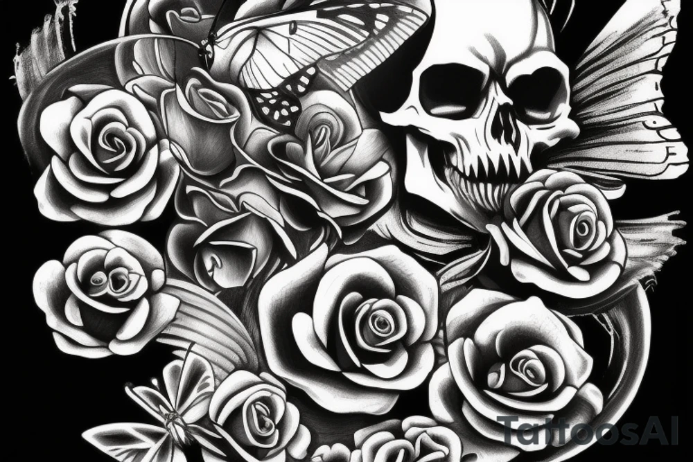 a skull with a crown, a rose and a butterfly wing tattoo idea