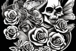 a skull with a crown, a rose and a butterfly wing tattoo idea