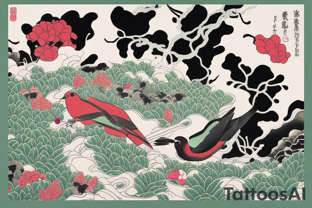 Susumu Yokota 'Sakura' Album Cover Art. 
Themes of nature and beauty. Include a bird tattoo idea