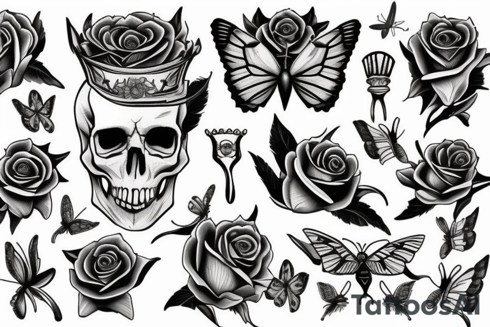 a skull with a butterfly wing to th right and a tilted crown to the left adorned with a rose tattoo idea