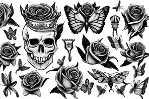 a skull with a butterfly wing to th right and a tilted crown to the left adorned with a rose tattoo idea