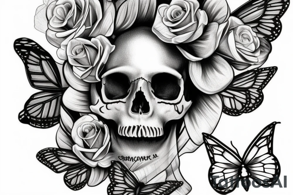 a skull with a butterfly wing to th right and a tilted crown to the left adorned with a rose tattoo idea