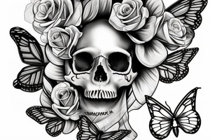 a skull with a butterfly wing to th right and a tilted crown to the left adorned with a rose tattoo idea