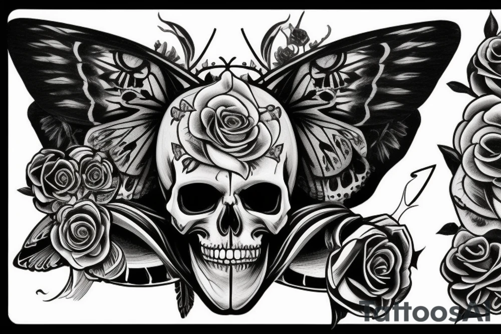 a skull with a butterfly wing to th right and a tilted crown to the left adorned with a rose tattoo idea
