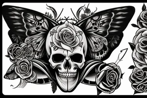 a skull with a butterfly wing to th right and a tilted crown to the left adorned with a rose tattoo idea
